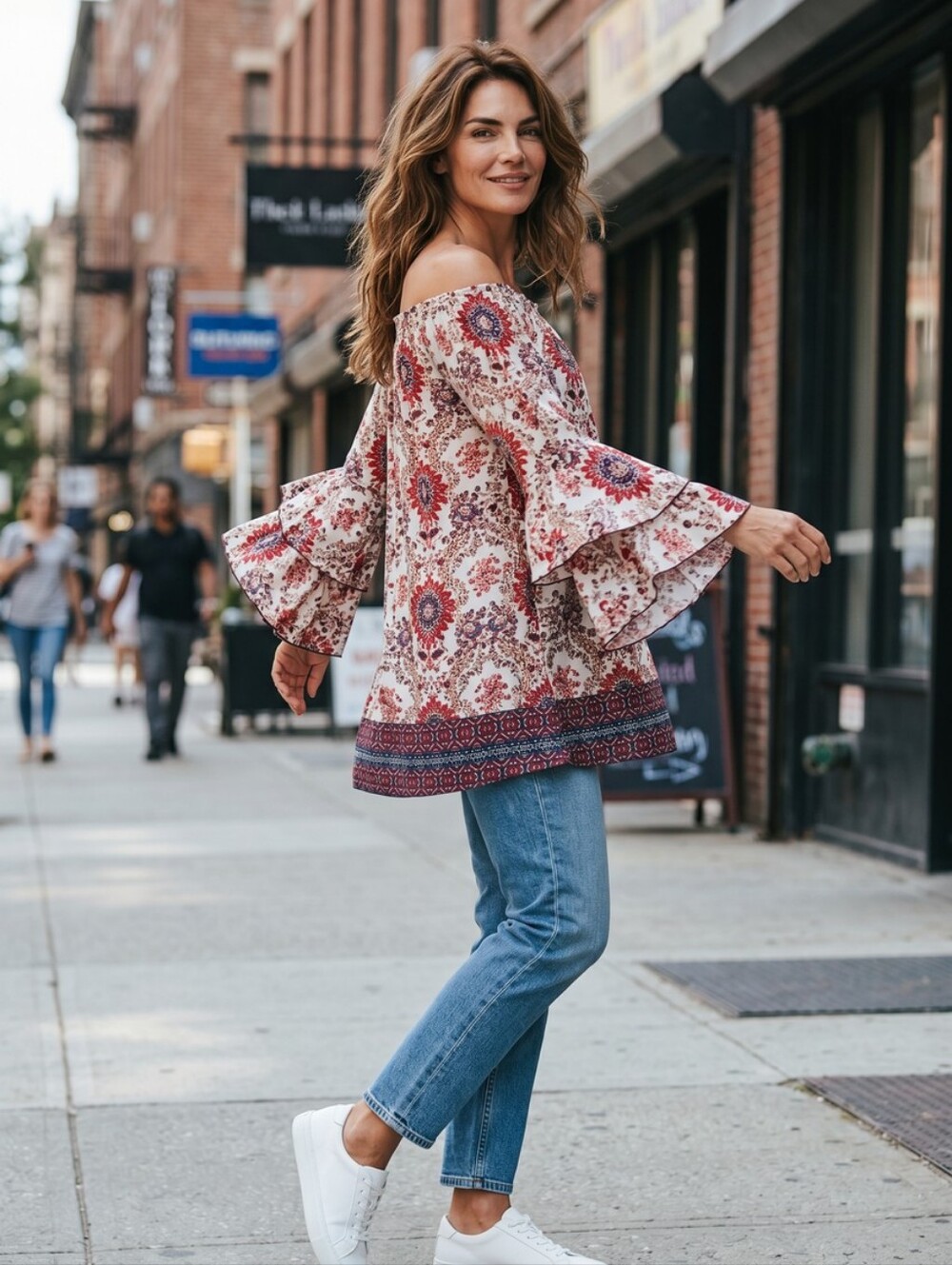 Boho Floral Off-Shoulder Blouse in Cream and Red